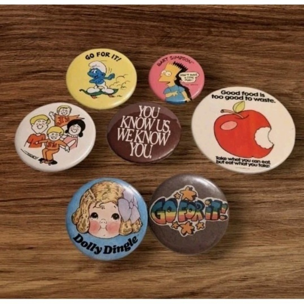 80s Pinbacks Buttons Simpsons Smurfs Badges Bart Skateboard Apple Dolly Vtg Lot